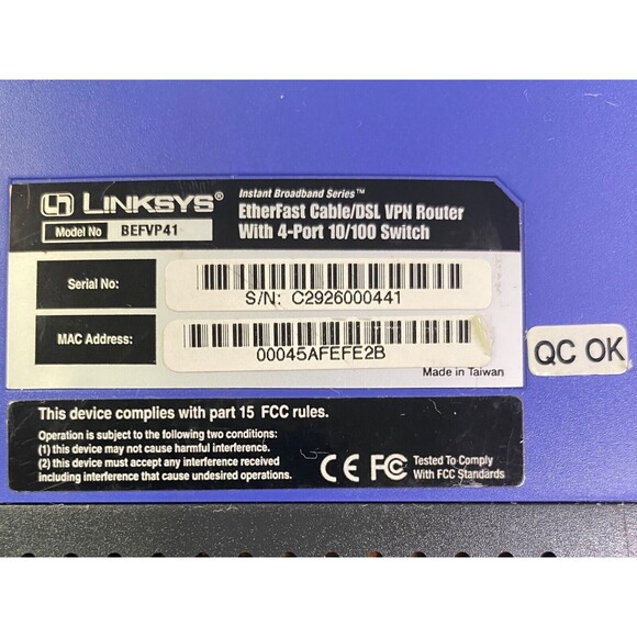LINKSYS BEFVP41 Etherfast Cable/DSL Router w/4-Port 10/100 Switch - Works! - Picture 8 of 11